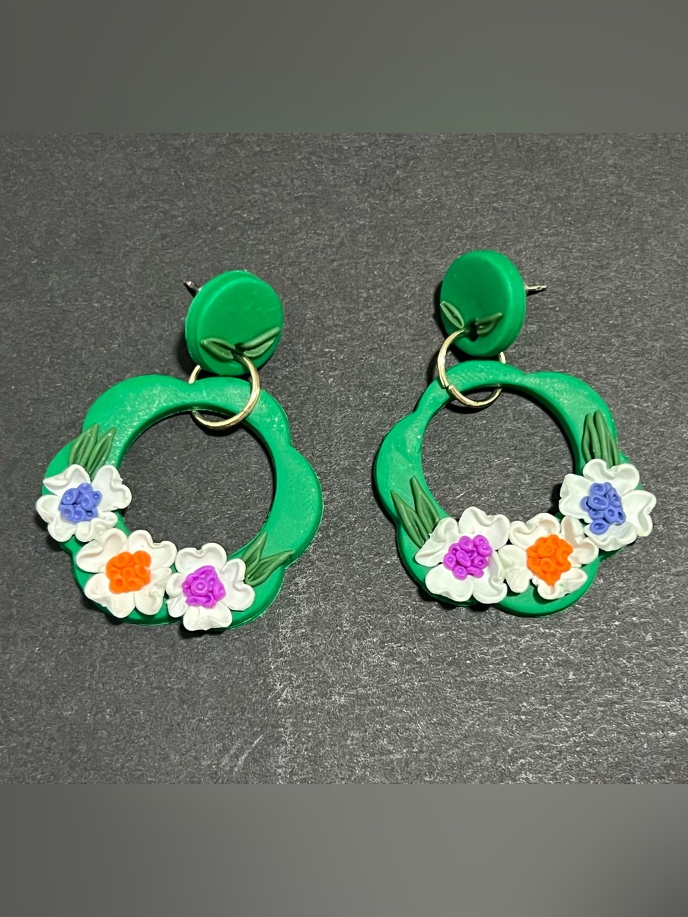 Green Floral Hoop Earrings | Polymer Clay | Handmade